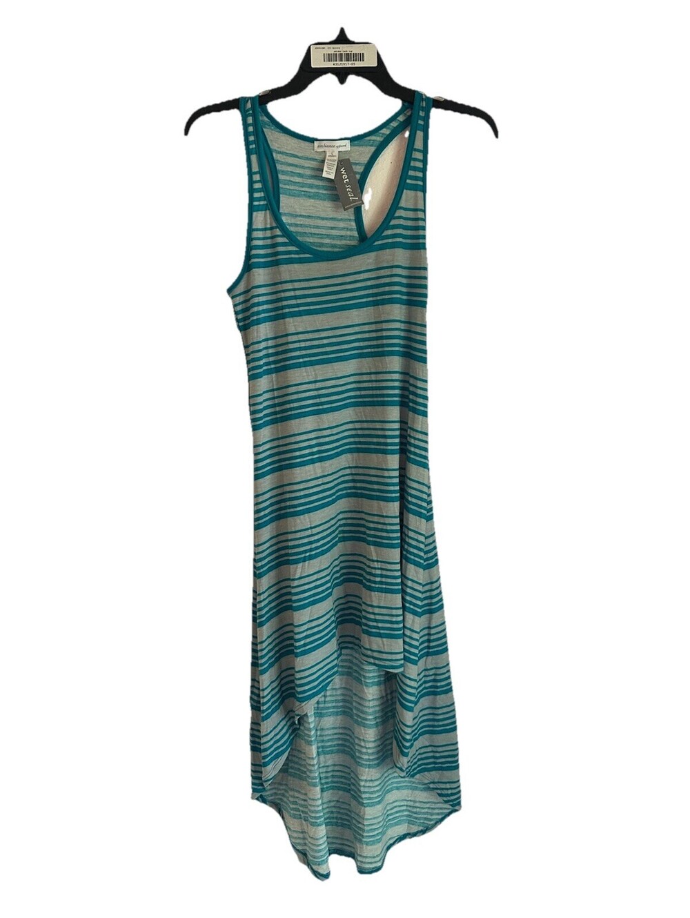 Ambiance Apparel Striped High Low Tank Dress Large Teal Gray Racerback NWT